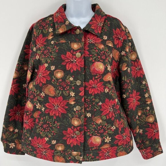 Vintage Jackets & Blazers - Vintage Tapestry Trucker Jacket Poinsettia Christmas Holiday Size PL Grandmacore